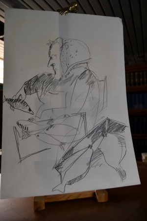 Fischverkäuferin. Unsignierte Bleistiftzeichnung.