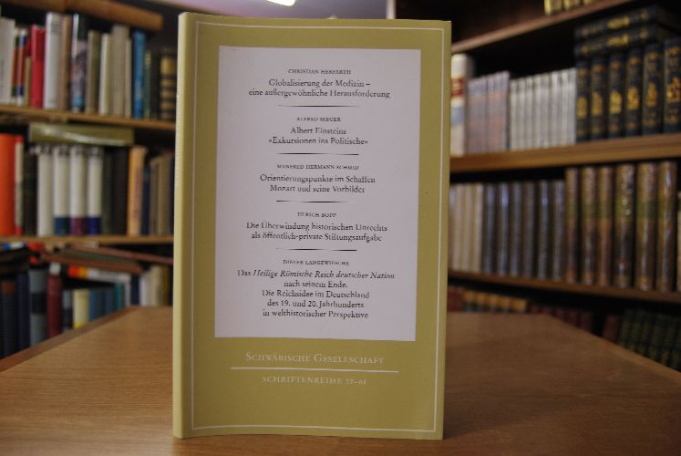 Christian Herfarth Globalisierung der Medizin - eine außergewöhnliche Herausforderung. Alfred Seeger Albert Einsteins "Exkursionen ins Politische". Manfred Hermann Schmid Orientierungspunkte im Schatten. Mozart und seine Vorbilder. Ulrich Bopp Die Überwindung historischen Unrechts als öffentlich-private Stiftungsaufgabe. Dieter Langewiesche Das Heilige Römische Reich deutscher Nation nachj seinem Ende. Die Reichsidee im Deutschland des 19. und 20. Jahrhunderts in welthistorischer Perspektive.