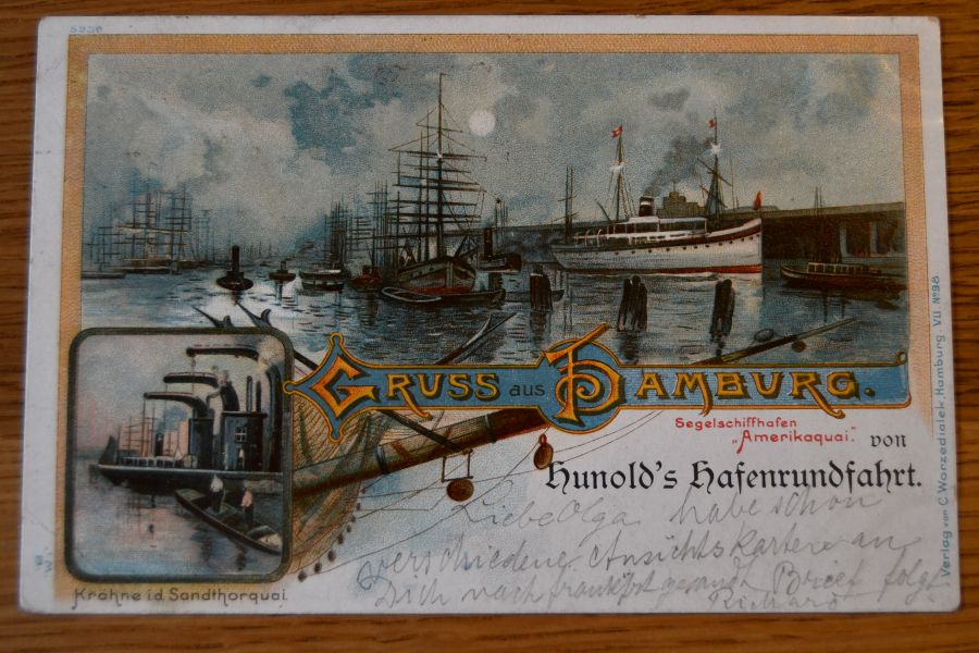 Litho. Gruss aus Hamburg. Segelschiffhafen "Amerikaquai" von Hunold`s Hafenrundfahrt.