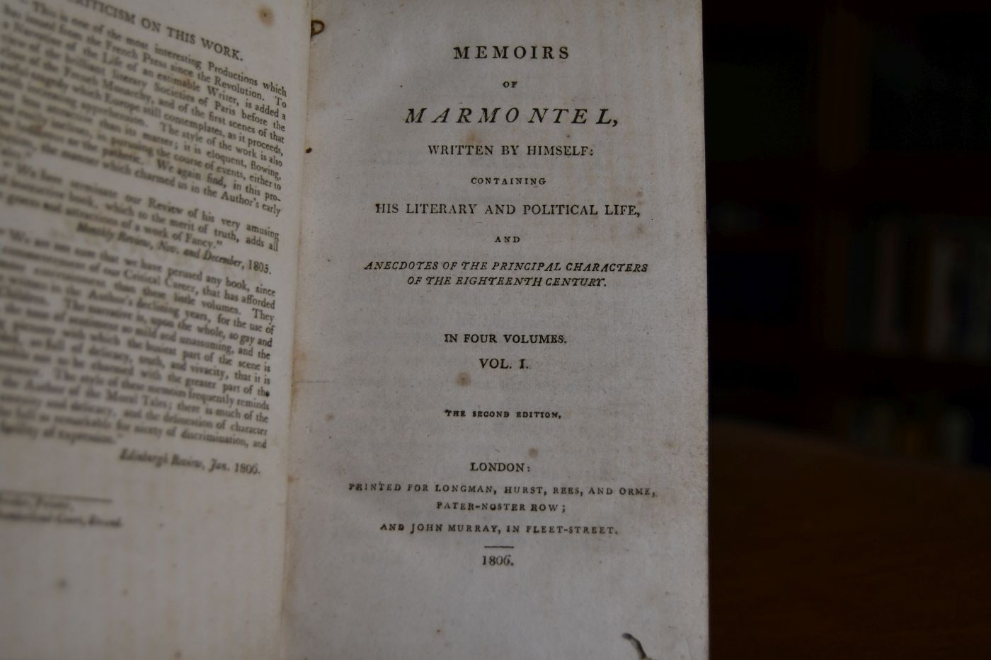 Memoirs of Marmontel, written by himself containing his literary and political life, and anecdotes of the principal chracters of the eighteenth century. 4 Bde. (komplett).