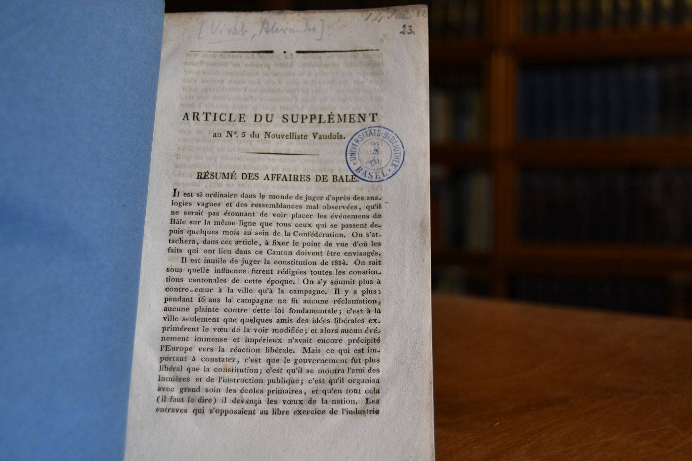 Résumé des affaires de Bâle  Article du Supplément au No. 5 du Nouvelliste Vaudois.