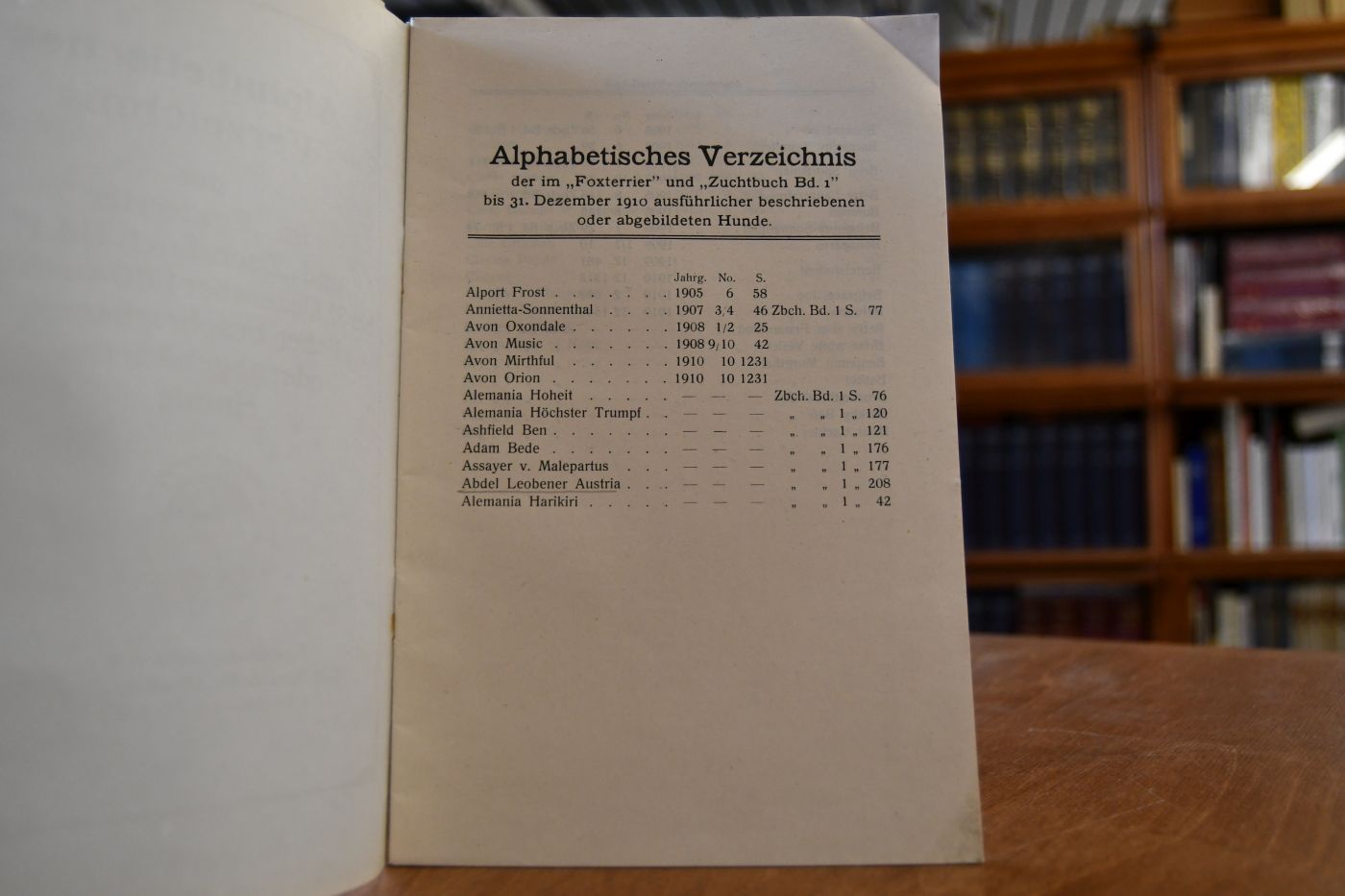 Alphabetisches Verzeichnis der im "Foxterrier" und "Zuchtbuch Bd. 1" bis 31. Dezember 1910 ausführlicher beschriebenen oder abgebildeten Hunde.
