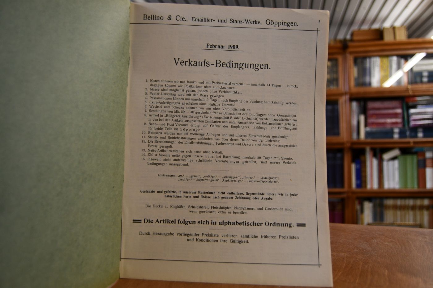 Verkaufskatalog Bellino & Cie., Emaillier- und Stanz-Werke Göppingen. Februar 1909.