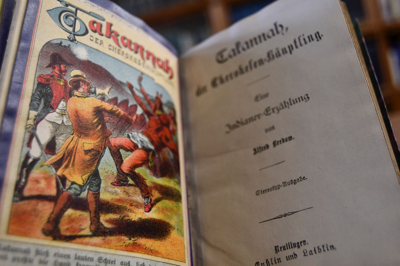 Der Kampf am Champlain-See. Eine Erzählung aus dem Indianerleben. Beigebunden 1. Alfred Bredow, Takannah, der Cherokesen-Häuptling, Eine Indianer-Erzählung, Unterhaltungsbibliothek 1119, Enßlin & Laiblin, o.J., 32 S. 2. Pierre, der Kanadier. Eine Erzählung aus nördlichen Indianergebiet Amerikas, Stereotyausgabe, Unterhaltungsbiblioithek 1128, Enßlin & Laiblin, o.J., 31 S. 3. Heinrich, Herold, Der schnelle Hirsch und der Ueberfall von St. Louis, Eine Erzählung aus dem Mississippigebiete, Unterhaltungsbibliothek 1111, Enßlin & Laiblin, 31 S. 4. Heinrich Herold, Bluthand, Eine Indianer-Geschichte aus dem Westen, Stereotypausgabe, Unterhaltungsbibliothek 1106, Enßlin & Laiblin, 30 S.
