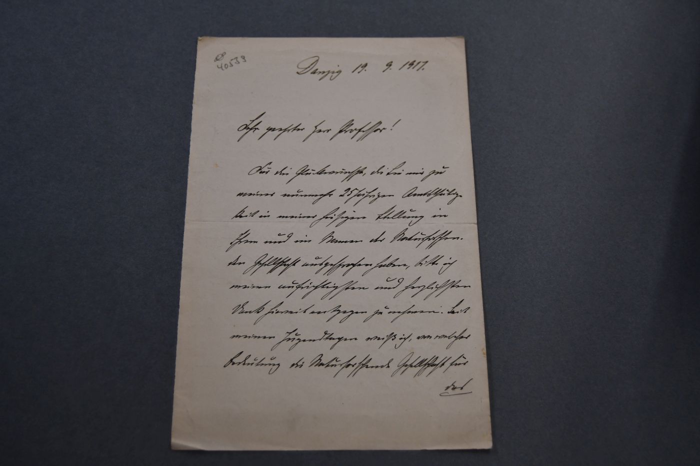 Handschriftlicher Brief des Polizeipräsidenten von Danzig Max Eduard Wessel (1843-1928) an den Danziger Lehrer und Botaniker Konrad Lakowitz(1859-1945) vom 19. September 1917.